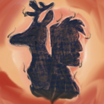 silhouette of a boy and a stag facing away from each other with a firey orange background